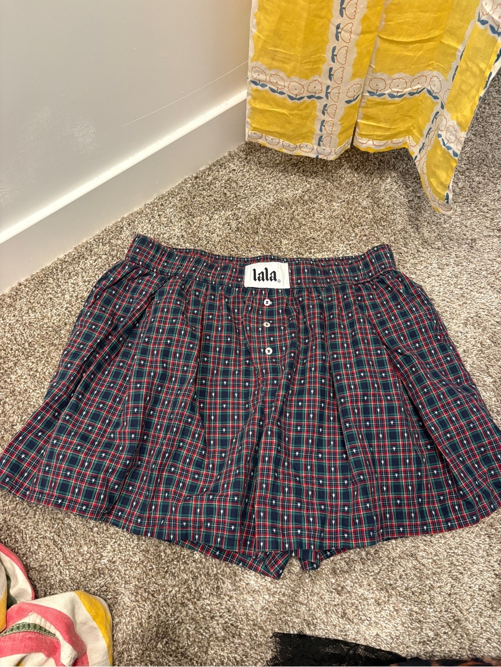 Dressed in LALA Plaid Boxer Shorts in Navy, Red, Green